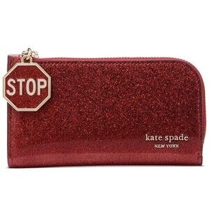 KATE SPADE Detour Stop Sign Wallet Glitter Patent Red Slim Bifold Wallet NWT
